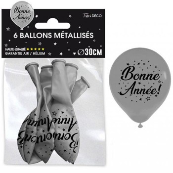 6 ballons bonne année argent et noir