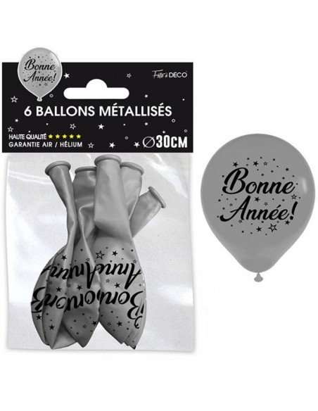 6 ballons bonne année argent et noir
