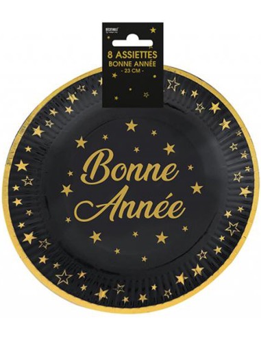 8 assiettes noires Bonne Année