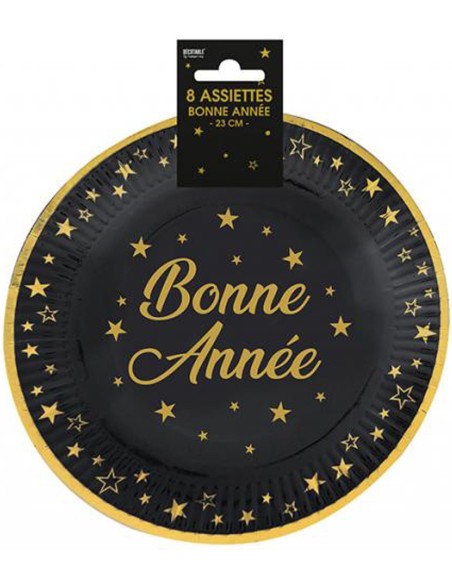 8 assiettes noires Bonne Année