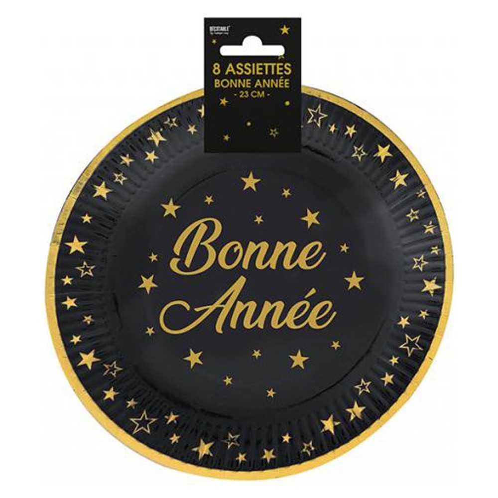 8 assiettes noires Bonne Année