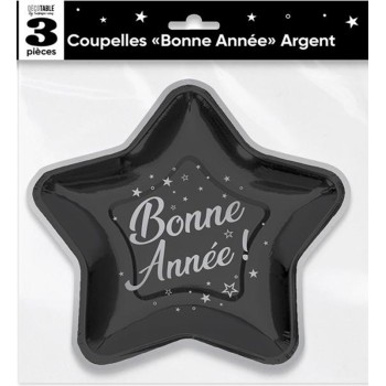 3 coupelles Bonne Année noir argent