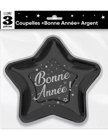3 coupelles Bonne Année noir argent