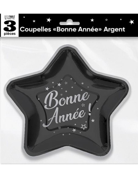 3 coupelles Bonne Année noir argent