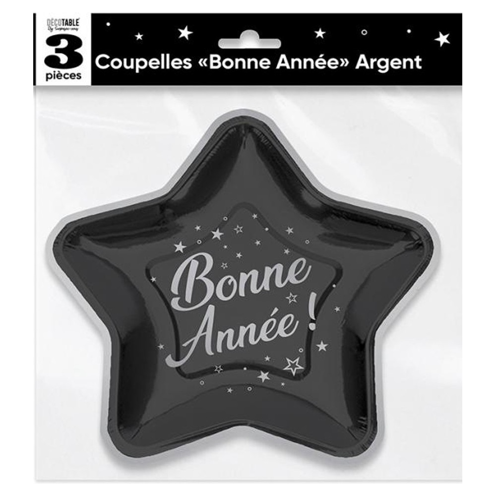3 coupelles Bonne Année noir argent