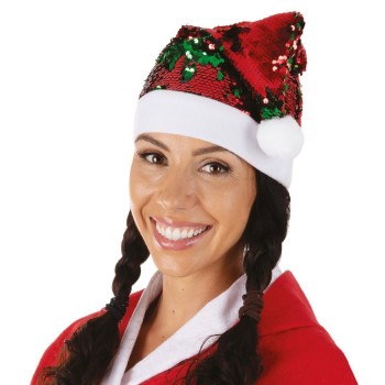 Bonnet Père Noël sequins réversibles rouge et vert