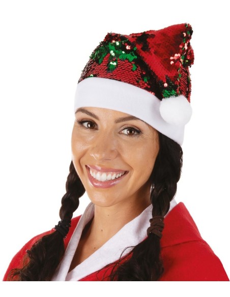 Bonnet Père Noël sequins réversibles rouge et vert