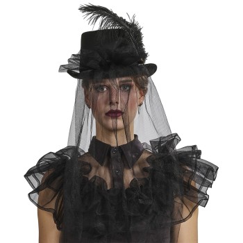 Chapeau dame noir avec voile et plume