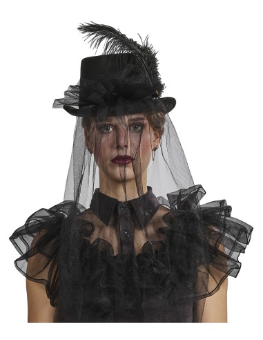 Chapeau dame noir avec voile et plume