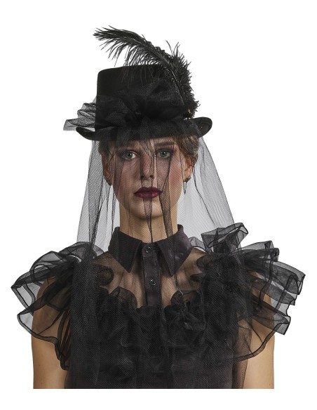 Chapeau dame noir avec voile et plume