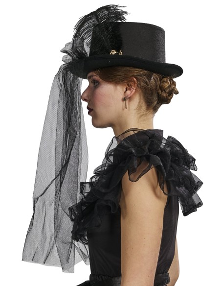 Chapeau dame noir avec voile et plume