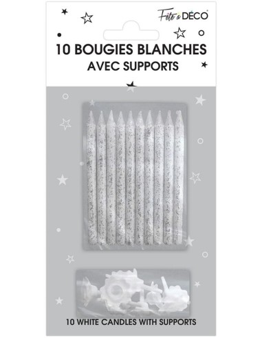 10 bougies couleur pailletées avec support