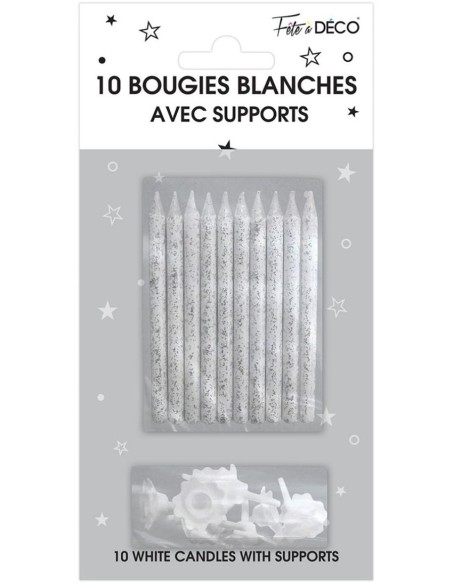 10 bougies couleur pailletées avec support